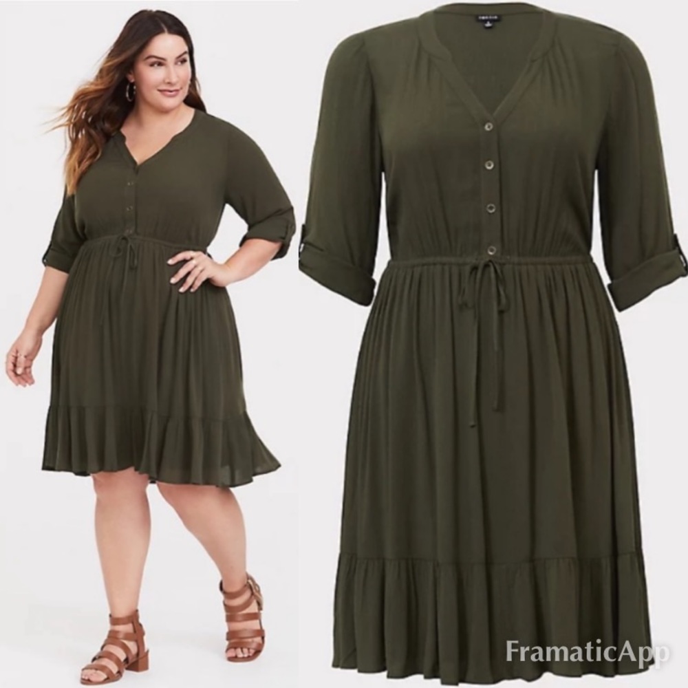 TORRID Olive Button Front Gauze Shirred Skater